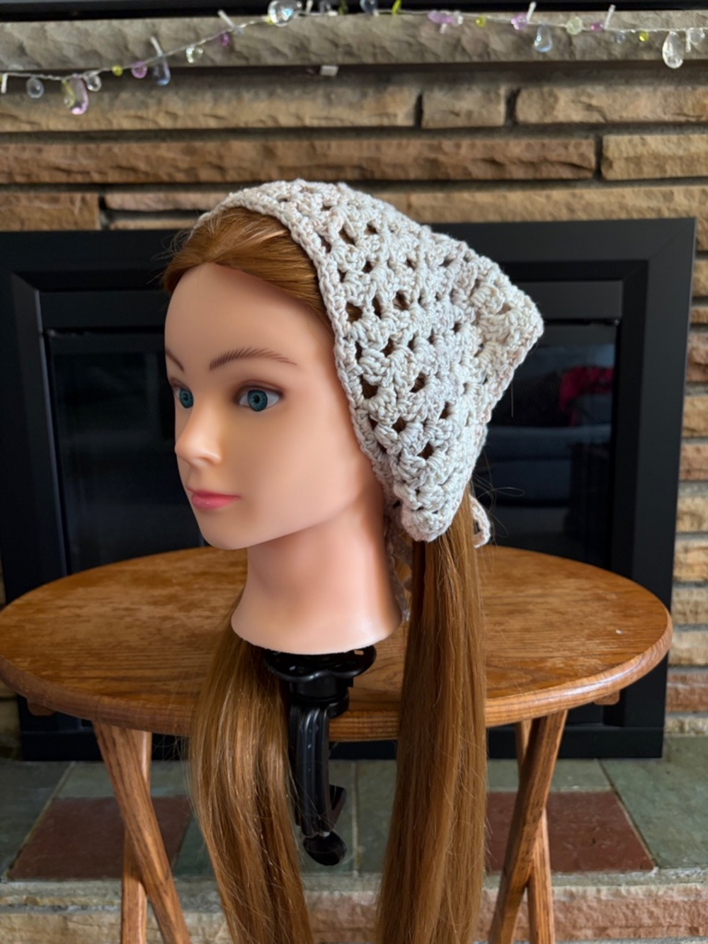 Handmade Crochet Triangle Hair Scarf - Cream